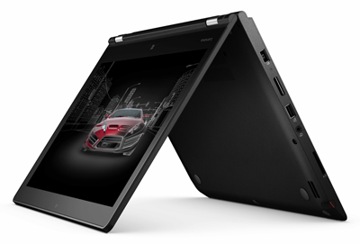 A black convertible laptop propped up in a tent shape on a white background.