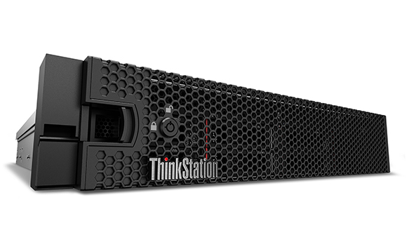 A black Lenovo ThinkStation server with a honeycomb mesh front panel.