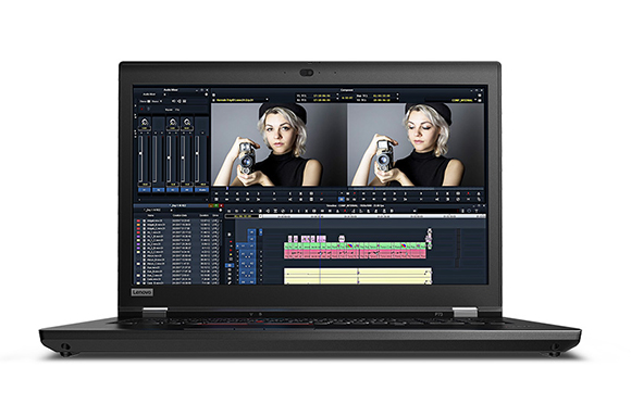 A black Lenovo laptop open on a white background, showing a video editing interface with two video clips.