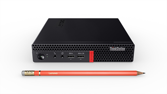 A small black Lenovo ThinkStation desktop computer positioned above a red Lenovo pencil on a white background.