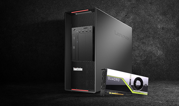 Lenovo ThinkStation desktop computer tower with a NVIDIA Quadro graphics card in front of it, set against a dark textured bac