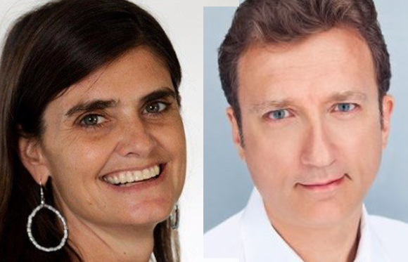 A smiling woman with dark hair and a man with light skin and blue eyes side by side.