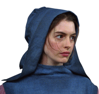 A woman with dark hair looking to the side, wearing a blue fabric hood and garment.
