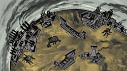 Stylized illustration of dark industrial factories and smoke over a murky, yellowish terrain.
