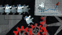 Cartoon businesspeople walking toward a rising profit graph above large red industrial gears.