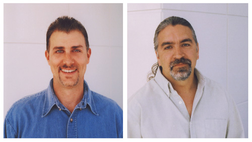 Two men smiling in headshot portraits against a white wall.