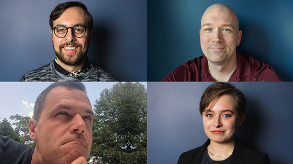 Four headshots of different people arranged in a two-by-two grid against various backgrounds.