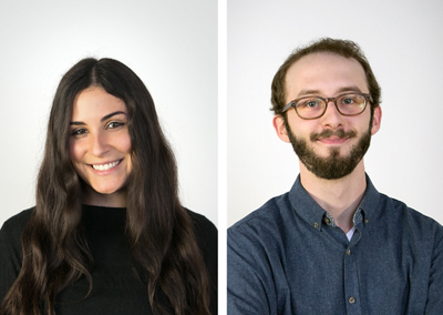 A woman with long dark hair smiling and a man with glasses and a beard smiling against a white background.