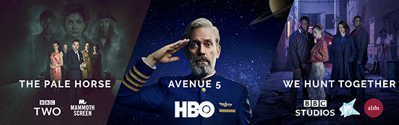 Promotional banner featuring posters for The Pale Horse, Avenue 5, and We Hunt Together with various production logos.