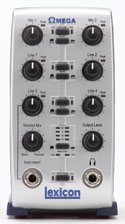 A silver Lexicon audio mixer featuring several black control knobs and input jacks on a white background.