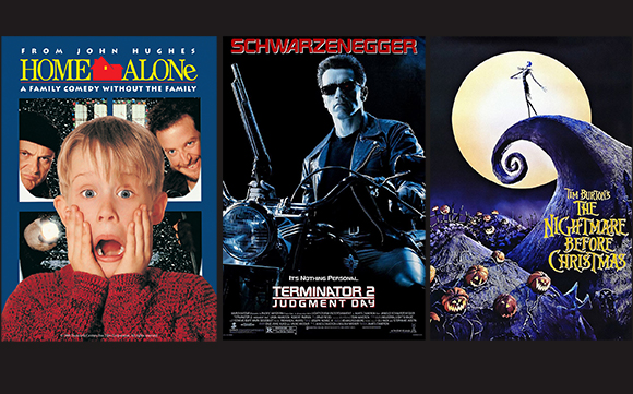 Posters for Home Alone, Terminator 2 Judgment Day, and The Nightmare Before Christmas.