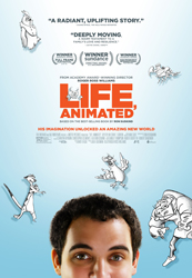 Movie poster for Life, Animated featuring a man's face and cartoon illustrations on a blue background.