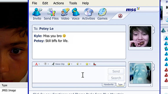A computer screen displaying a chat window with text messages and two small profile photos.
