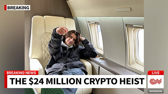 A man sits in a cream-colored leather seat inside a private jet next to windows.