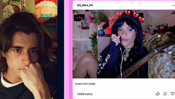A man looking at the camera on the left and a woman with a guitar and heart emojis on the right.