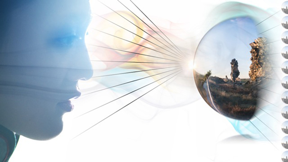 A blue humanoid profile facing a circular window showing a sunny landscape with rock formations.