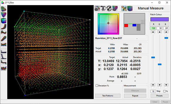Software interface showing a 3D color space point cloud and color measurement data tables.