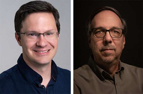 Two portraits of men wearing glasses against light and dark backgrounds.
