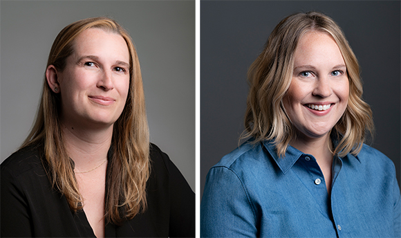 Two portraits of smiling women, one with long blonde hair in black, one with wavy blonde hair in blue.