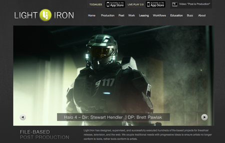 Light Iron website showing a cinematic shot of a Spartan soldier from Halo 4.
