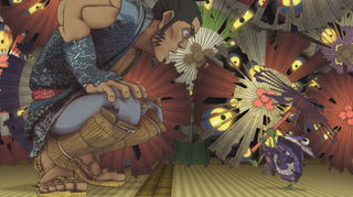 An animated man in blue robes crouches before a small purple creature in a field of colorful parasols.