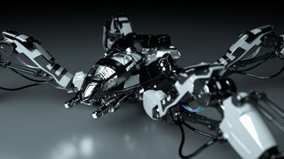 A complex, silver and black robotic machine with multiple articulated mechanical limbs.