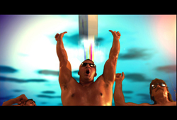 A shirtless man with sunglasses raises his arms toward a bright, colorful light in a blue sky.