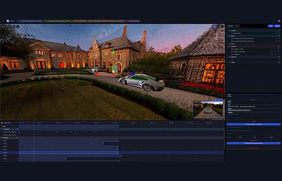 Video editing software interface displaying a 3D rendered scene of a silver car parked near a stone estate.