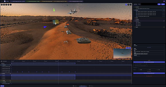 A 3D software interface displaying a desert scene with tanks, a vehicle, and a jet in flight.