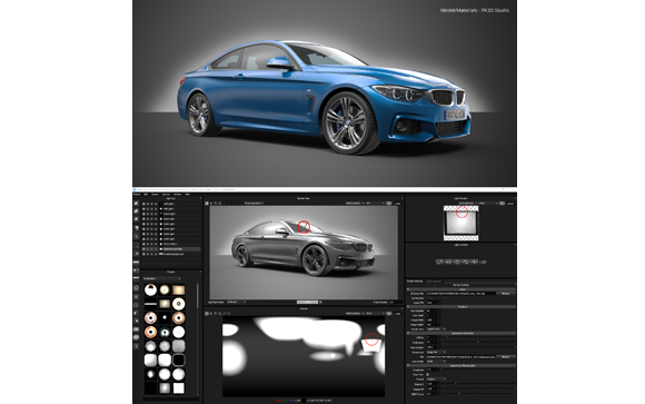 A blue coupe car positioned above a computer screen showing 3D modeling software with the car model loaded.