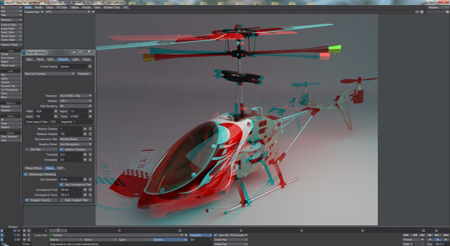 A 3D software interface displaying a red and white stylized helicopter with translucent, layered components.