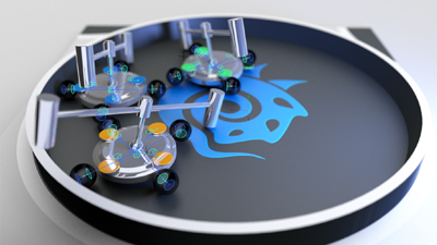 Three small silver robotic platforms with blue light accents on a dark circular base with a blue logo.