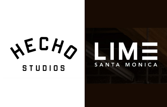 Side-by-side logos for Hecho Studios on white and Lime Santa Monica on a dark background.