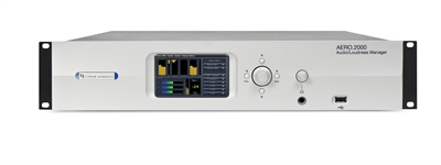 Front view of a silver AERO.2000 Audio/Loudness Manager rack-mount device with a digital display and control knobs.