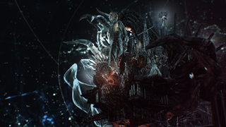 Dark, surreal silhouettes of monstrous figures and sharp, jagged structures against a starry, dark background.