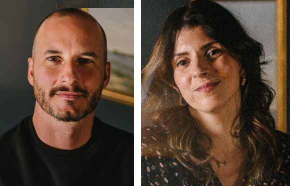 A split composition featuring a close-up portrait of a man on the left and a woman on the right.