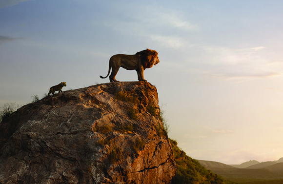 A male lion and a small cub stand atop a large rock formation against a sunset sky.