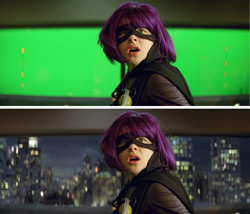 Split screen showing a person in a purple wig and mask against a green screen and a night city skyline.