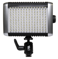 A rectangular LED light panel with a silver frame and many small bulbs, mounted on a black adjustable stand.