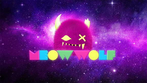 A fuzzy pink monster with yellow horns and teeth above the colorful Meow Wolf text on a purple space background.