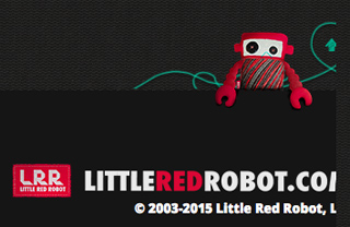 A small red plush robot peeking over a black surface against a dark textured background with teal swirls.