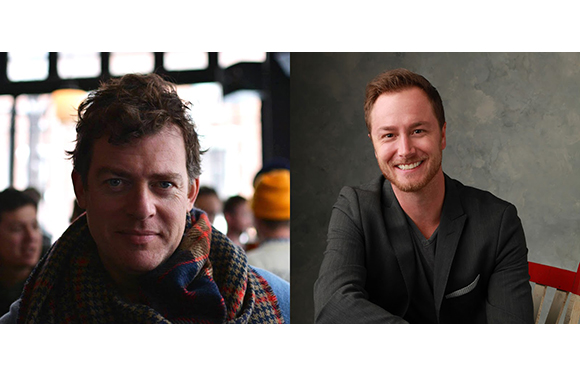Two side-by-side portraits of men, one wearing a patterned scarf and one in a dark blazer.