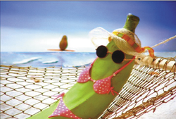 A banana wearing sunglasses, a pink bikini, and a sun hat lounging in a hammock by the ocean.