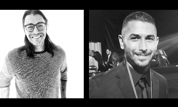 Two black and white portraits of smiling men, one with long hair and glasses, the other with short hair and a suit.