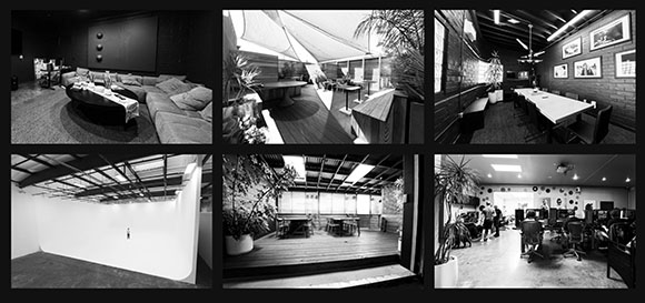 Six black and white photos of a lounge, patio, dining room, empty gallery, deck, and office space.
