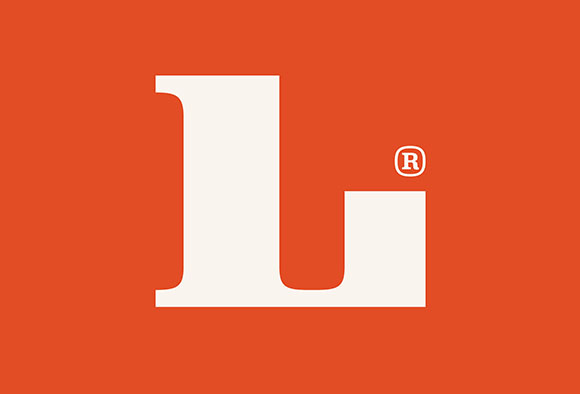 A large, white, stylized capital letter L centered on a solid orange background.
