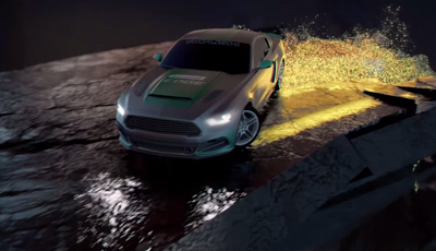 A silver sports car speeds across a dark, textured surface, kicking up a spray of glowing golden particles.