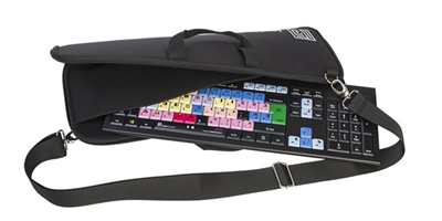 A black padded carrying case with a shoulder strap, partially open to show a musical keyboard controller.