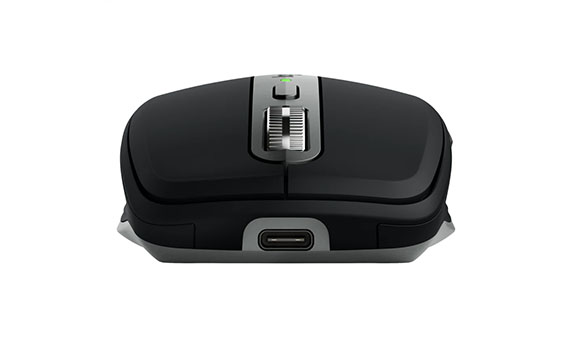 A black wireless computer mouse with a silver scroll wheel and a USB-C charging port on the front edge.