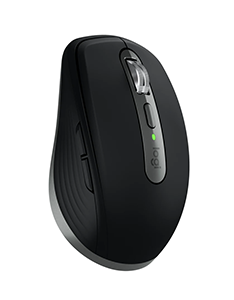 A black ergonomic wireless computer mouse with a silver scroll wheel and a small green light.